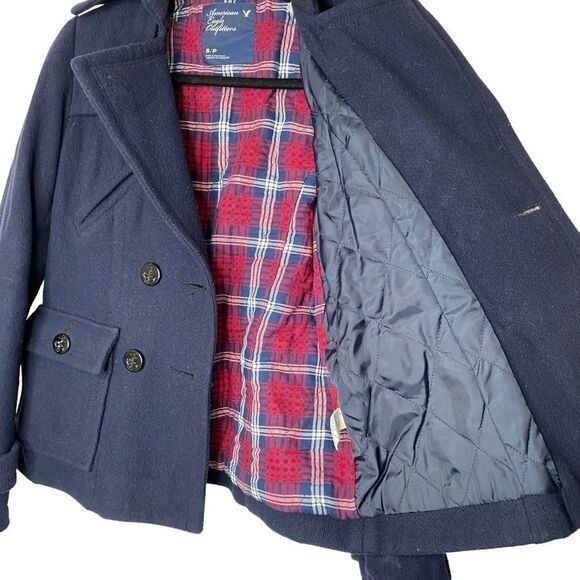 American Eagle Navy Pea Coat with Plaid Lining Warm cozy size Small - Picture 8 of 14